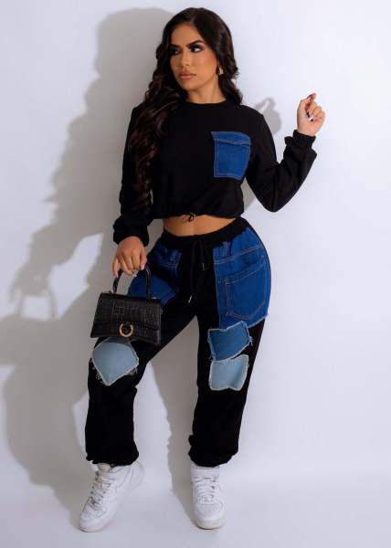 Fashion women's temperament commuter long sleeve sweater splicing denim color contrast suit