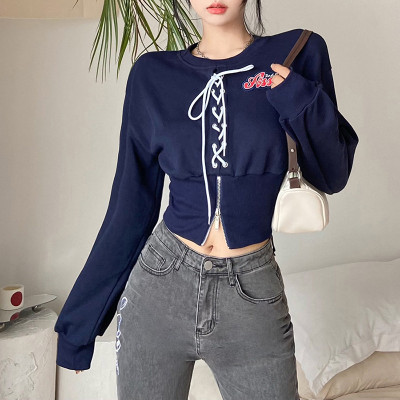 Women's fashion sexy round neck strap chest zipper waist waist exposed navel sweater