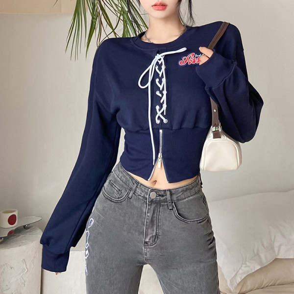 Women's fashion sexy round neck strap chest zipper waist waist exposed navel sweater