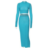 Solid casual open navel long sleeve round neck top slim long skirt suit