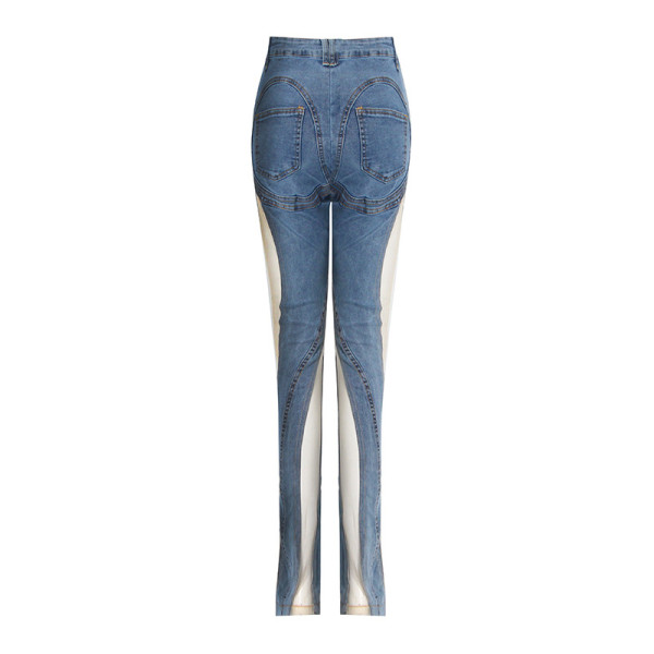 Fashionable sexy spiral mesh splicing split jeans