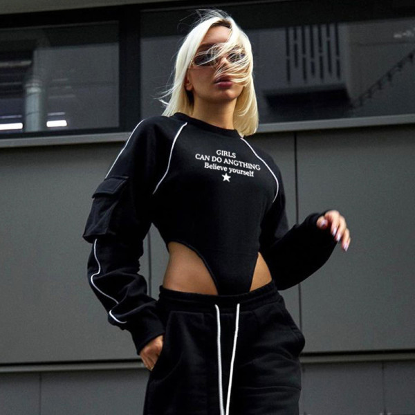 Fashionable trendy letter color contrast splicing pocket slim round neck long sleeve one-piece shirt