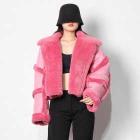 Polo Collar Solid Splice Lamb Hair Short Jacket