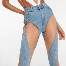 Fashionable sexy spiral mesh splicing split jeans Fashionable sexy spiral mesh splicing split jeans