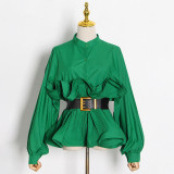 Stand collar long sleeve pleated ruffles, careful machine, versatile top, fashionable matching belt