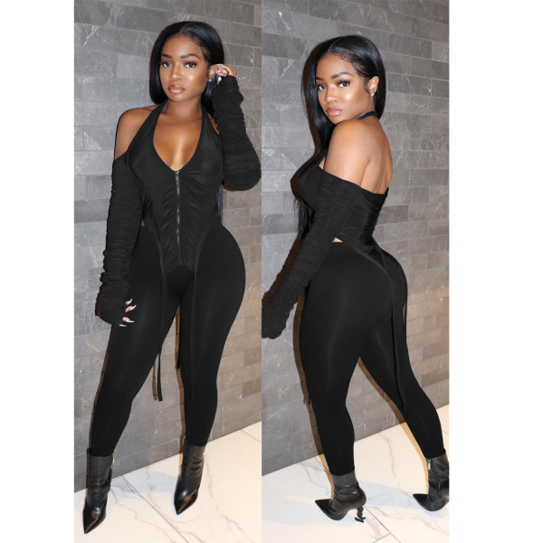 Solid neck zipper two-piece suit
