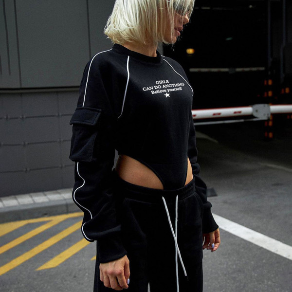 Fashionable trendy letter color contrast splicing pocket slim round neck long sleeve one-piece shirt