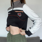 Motorcycle Irregular Design Color Contrast Splice High Neck Zip Cardigan Short Women's Sweater