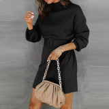 Women's high collar belt loose dress sweater