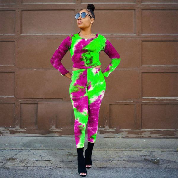 Fashion printed top and trousers pit strip two-piece set