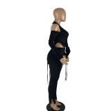 Solid neck zipper two-piece suit