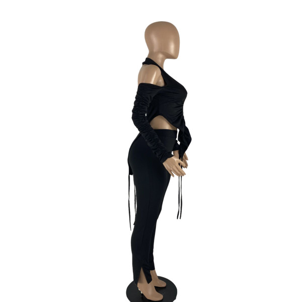 Solid neck zipper two-piece suit