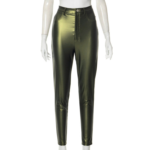 Fashion high waist PU leather sexy tight hip lifting casual trousers