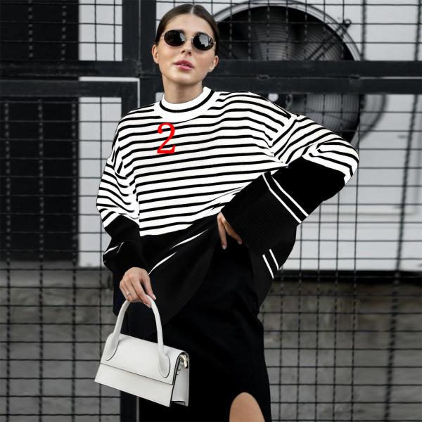 Women's high neck knitting stripe loose sweater top