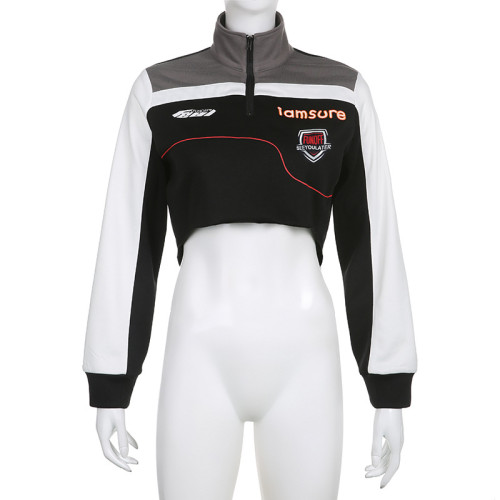 Motorcycle Irregular Design Color Contrast Splice High Neck Zip Cardigan Short Women's Sweater