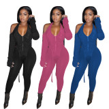 Solid neck zipper two-piece suit