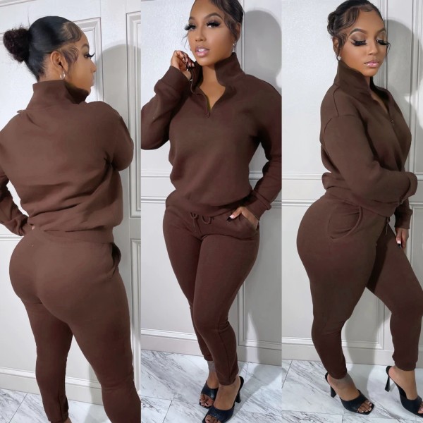 Fashion sports pullover zipper plush two-piece set