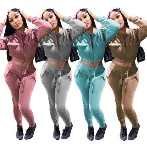 Solid zipper flap pocket bodysuit two piece suit
