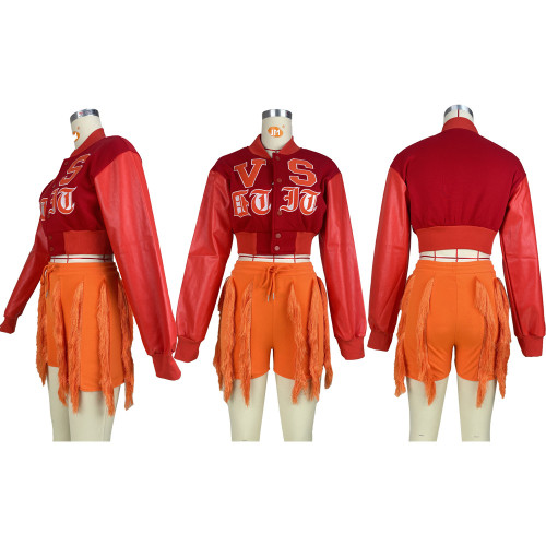 Casual letter embroidered lint with threaded bomber jacket L5338