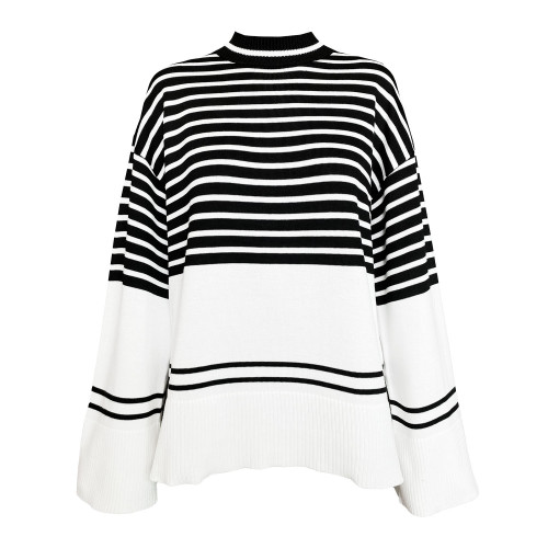Women's high neck knitting stripe loose sweater top