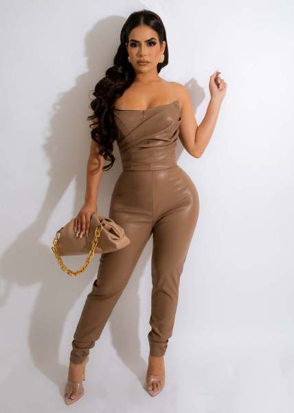 Sexy off shoulder PU leather jumpsuit women's fashion trend leggings