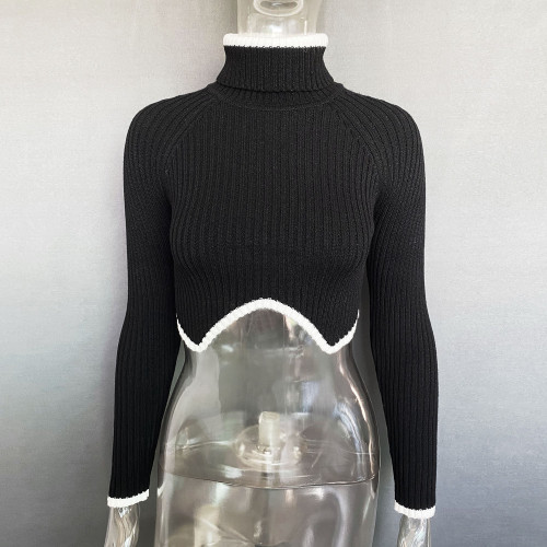 Women's high collar irregular hem short sweater