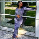 Casual Star Sky Print Round Neck Long Sleeve Slim Long Dress