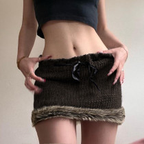 Raw edge drawstring lace up short buttocks skirt solid wool woven skirt