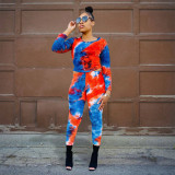 Fashion printed top and trousers pit strip two-piece set