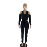Solid neck zipper two-piece suit