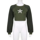 Hip hop patchwork lantern sleeve star pattern loose solid short sweater for women