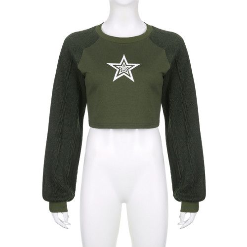 Hip hop patchwork lantern sleeve star pattern loose solid short sweater for women