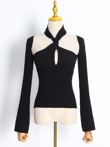 Long Sleeve Hollow Off Shoulder Solid Short Women's T-Shirt Twist Knit