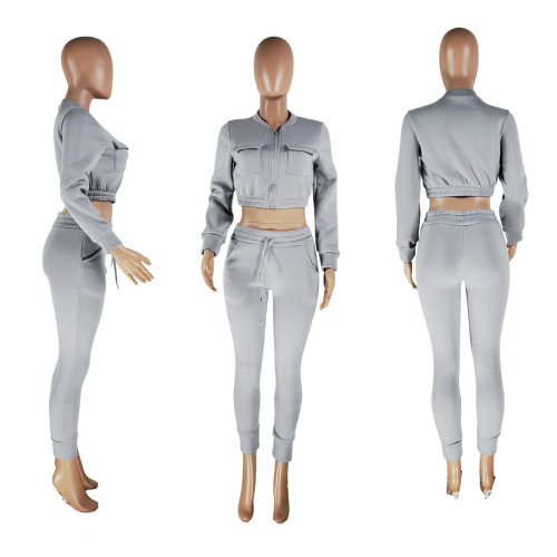 Solid zipper flap pocket bodysuit two piece suit