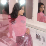 Round Neck Long Sleeve Solid Mesh Heart Hot Drill T-shirt Top