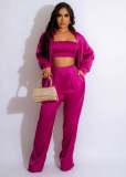 Fashion style solid color top and trousers three piece set