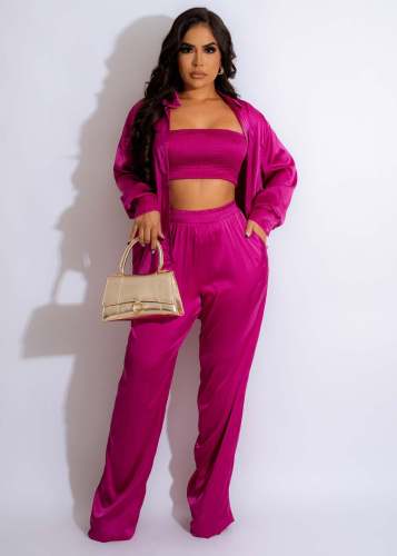 Fashion style solid color top and trousers three piece set