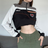 Motorcycle Irregular Design Color Contrast Splice High Neck Zip Cardigan Short Women's Sweater