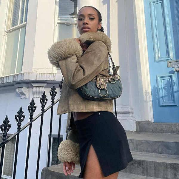 Wool Collar Suede Zipper Decorative Pocket Slim Short Coat