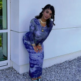 Casual Star Sky Print Round Neck Long Sleeve Slim Long Dress