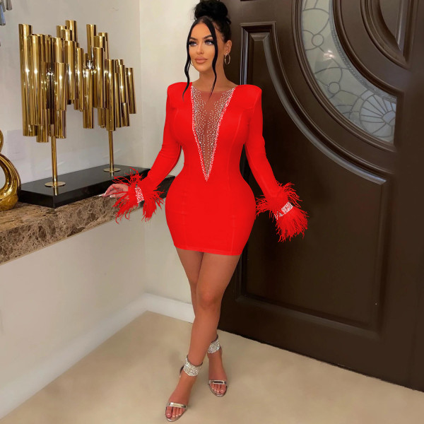 Fashion women's solid v-neck mesh perspective long sleeved flowing mustache dress