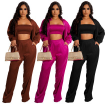 Fashion style solid color top and trousers three piece set Fashion style solid color top and trousers three piece set