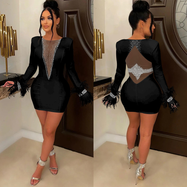 Fashion women's solid v-neck mesh perspective long sleeved flowing mustache dress