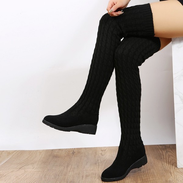 Large women's shoes Solid color splicing long tube low heel socks boots Warm cotton shoes