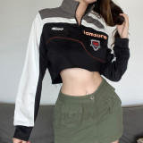 Motorcycle Irregular Design Color Contrast Splice High Neck Zip Cardigan Short Women's Sweater
