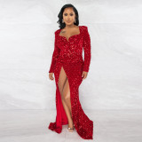 Sexy Slim V Neck Wrapped Chest Sequins Floor Length Dress Nightclub Dress