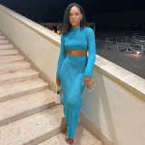 Solid casual open navel long sleeve round neck top slim long skirt suit
