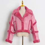 Polo Collar Solid Splice Lamb Hair Short Jacket