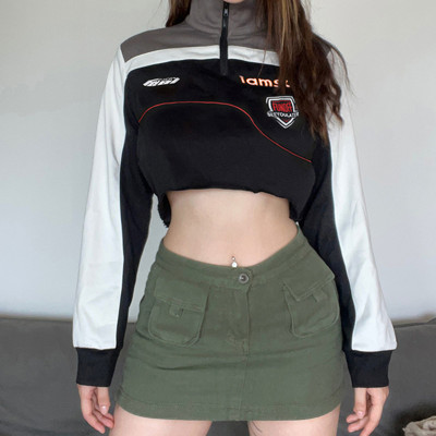 Motorcycle Irregular Design Color Contrast Splice High Neck Zip Cardigan Short Women's Sweater