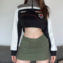 Motorcycle Irregular Design Color Contrast Splice High Neck Zip Cardigan Short Women's Sweater Motorcycle Irregular Design Color Contrast Splice High Neck Zip Cardigan Short Women's Sweater